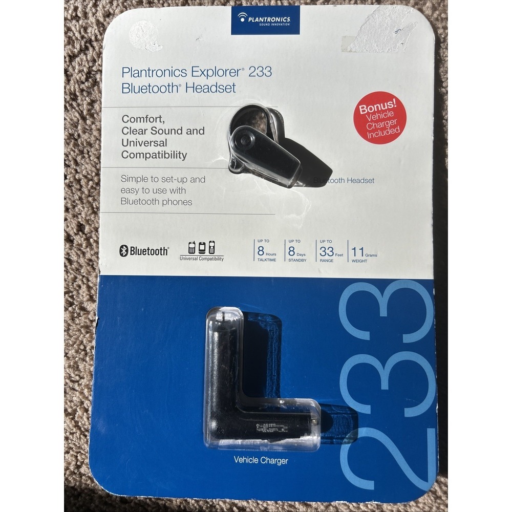 NEW Plantronics Explorer 233 Bluetooth Earpiece with Car Charger Sealed Phone